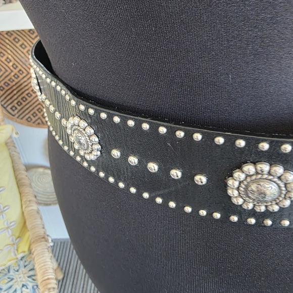 Vintage Y2K Brighton Large Boho Studded Black Leather Belt Western Silver Studs - Picture 6 of 13